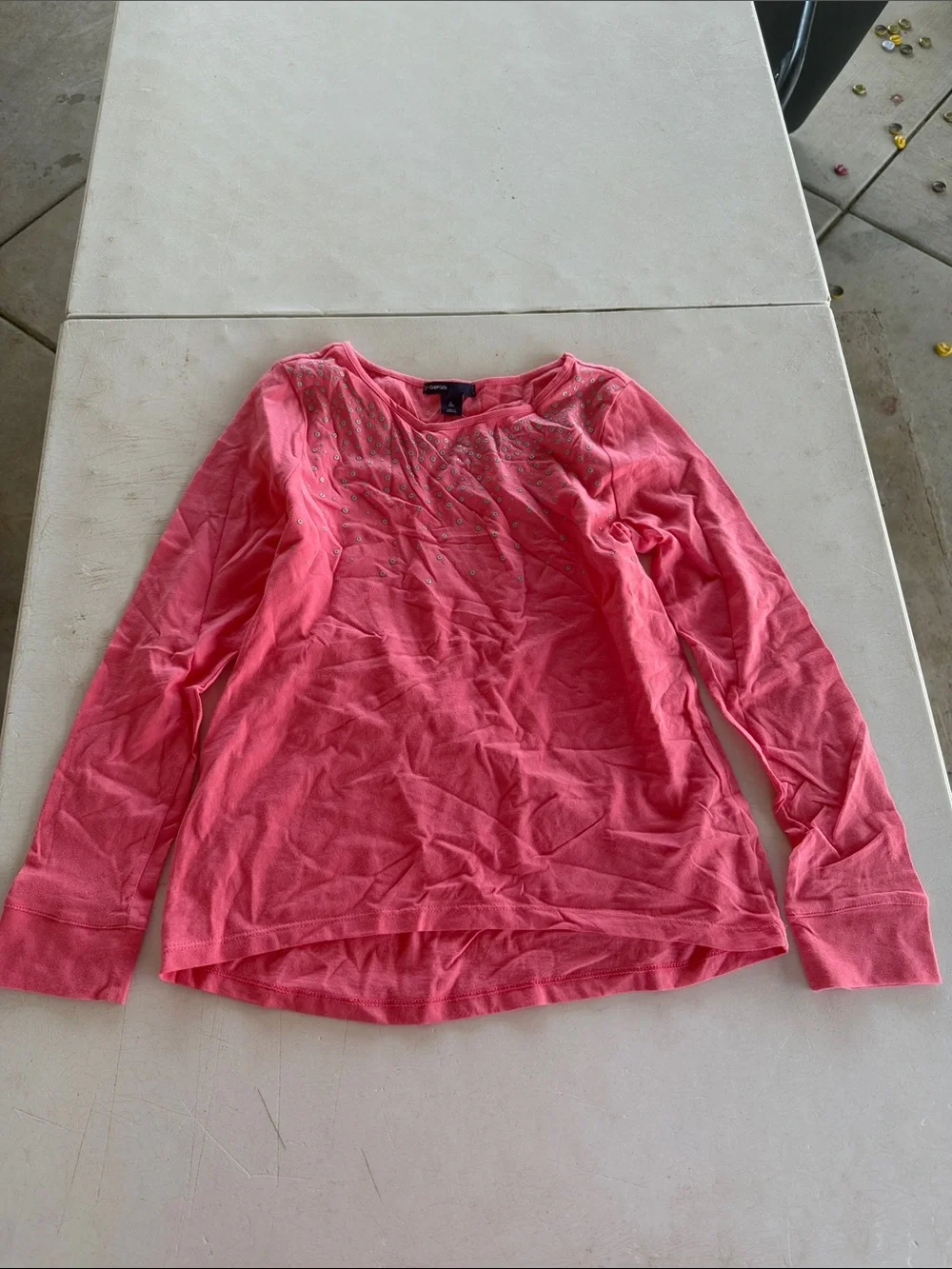 GAPKIDS Glitter Pink Coral Long Sleeve Tee with Neck Embellishment